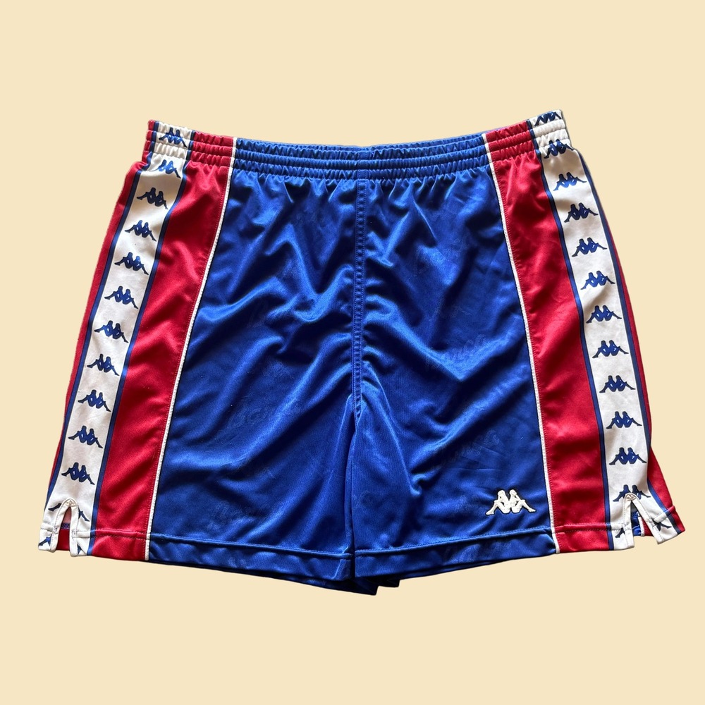 1995 Kappa Sport Mens Blue Red FC Barcelona Logo Tape Athletic Soccer Shorts L